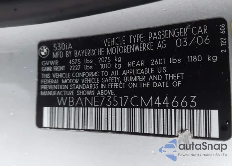 2007 BMW 530I z USA, uszkodzony, nr VIN WBANE73517CM44663